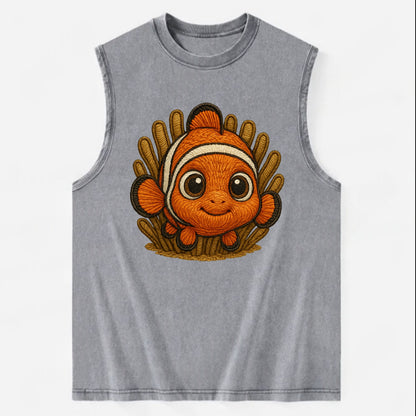 Baby Clownfish - orange with white stripes, big round eyes, front-facing in - Vintage Washed Tank - Grey