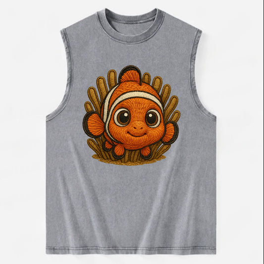 Baby Clownfish - orange with white stripes, big round eyes, front-facing in - Vintage Washed Tank - Grey