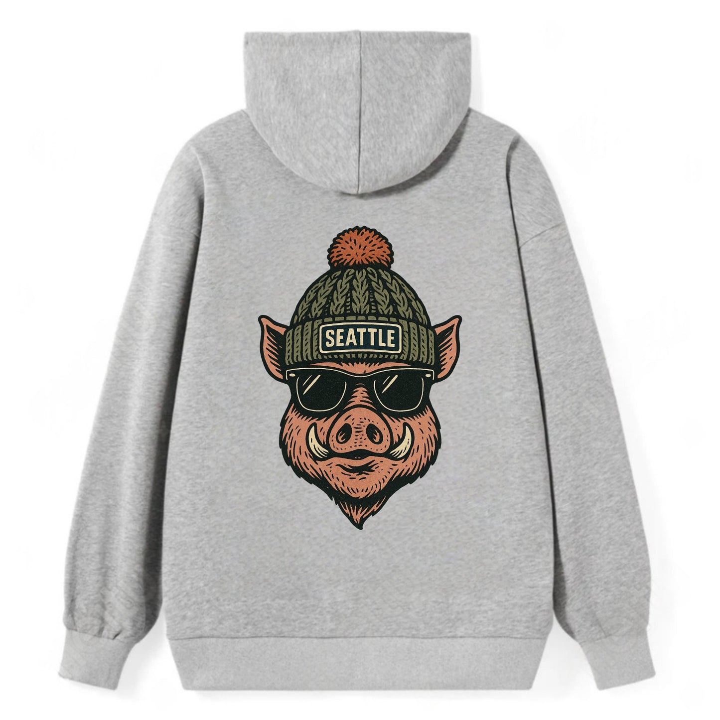 Washington Hog wearing Seattle beanie with pom pom and wayfarer sunglasses - Classic Pullover Hoodie - Grey