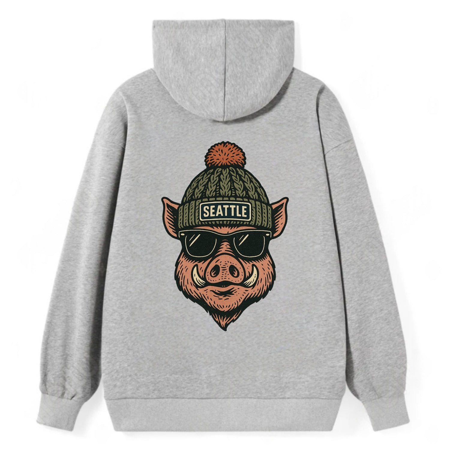 Washington Hog wearing Seattle beanie with pom pom and wayfarer sunglasses - Classic Pullover Hoodie - Grey