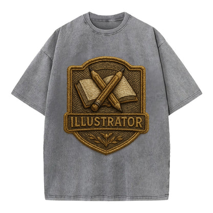 Pencils and sketchbook - illustrator badge - Vintage T-shirt - Grey