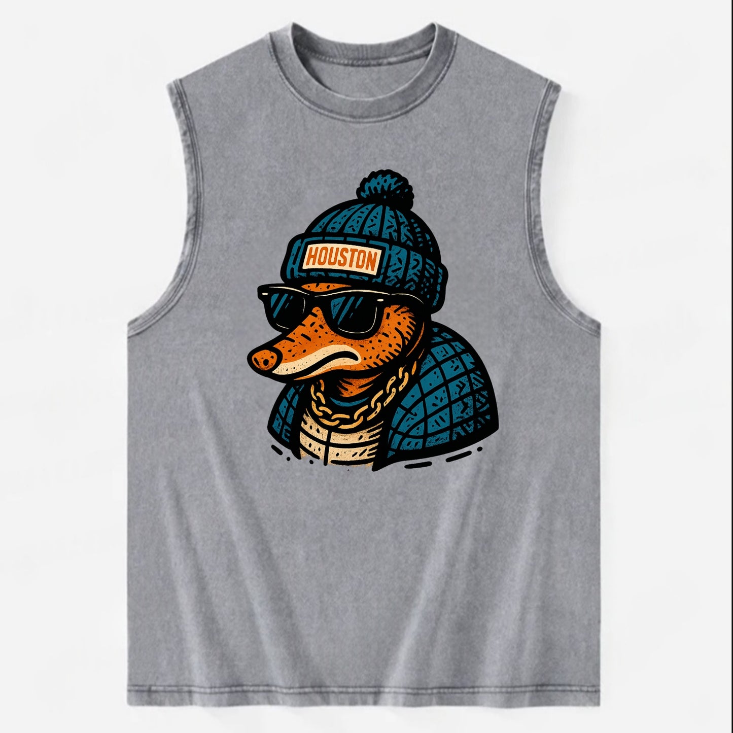 Houston Armadillo wearing Houston beanie with pom pom and wayfarer sunglasses - Vintage Washed Tank - Grey