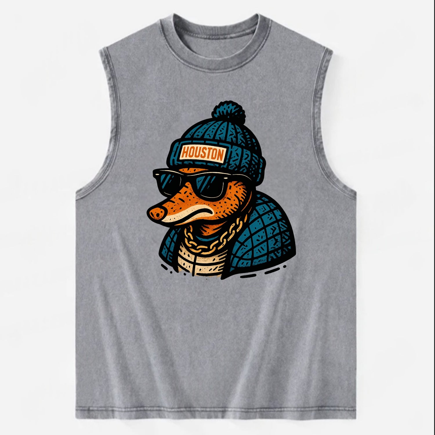 Houston Armadillo wearing Houston beanie with pom pom and wayfarer sunglasses - Vintage Washed Tank - Grey
