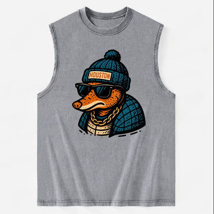 Houston Armadillo wearing Houston beanie with pom pom and wayfarer sunglasses - Vintage Washed Tank - Grey