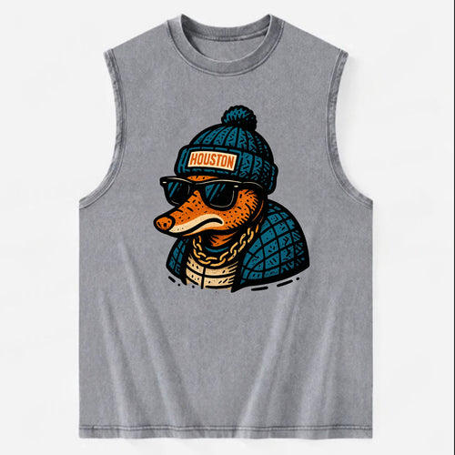 Houston Armadillo wearing Houston beanie with pom pom and wayfarer sunglasses - Vintage Washed Tank