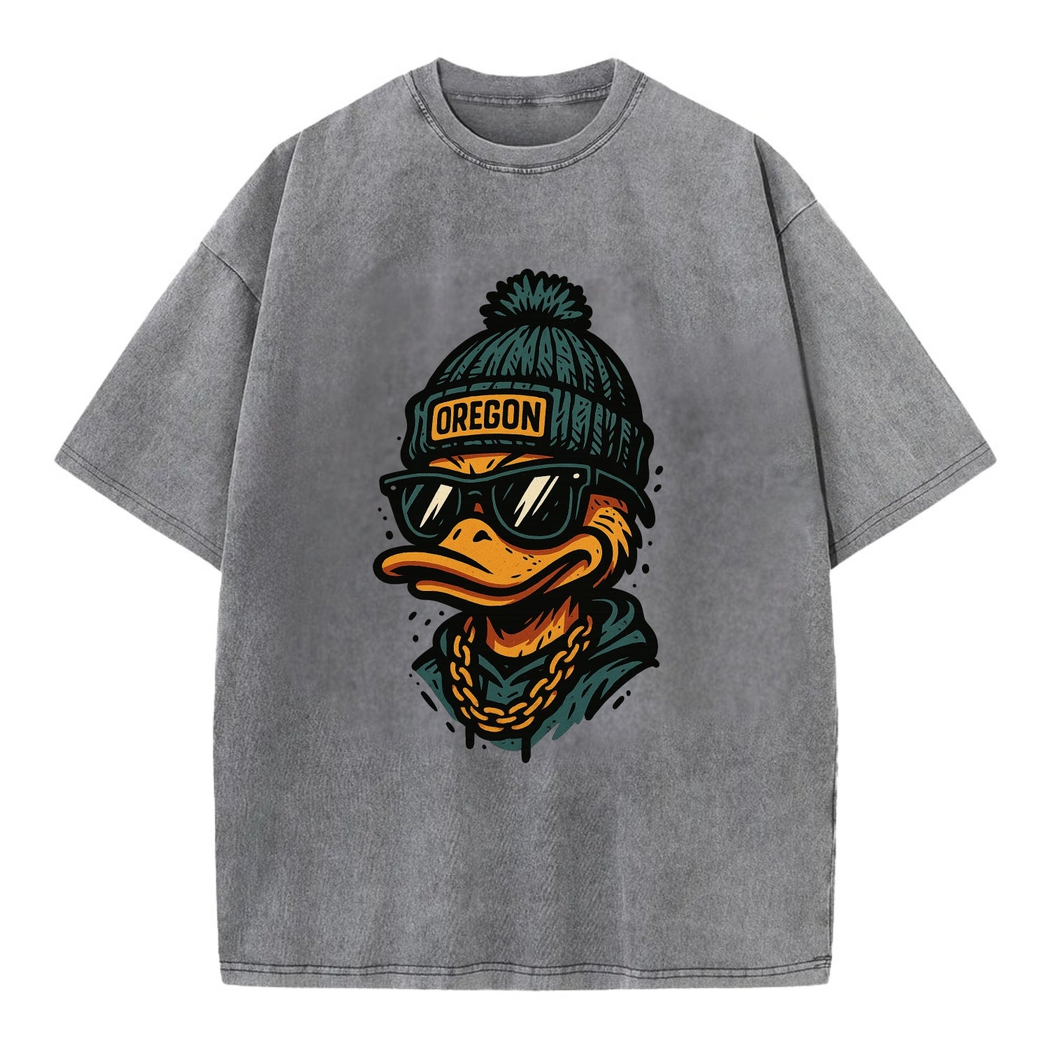 Eugene Duck wearing Oregon beanie with p - Vintage T-shirt - Grey