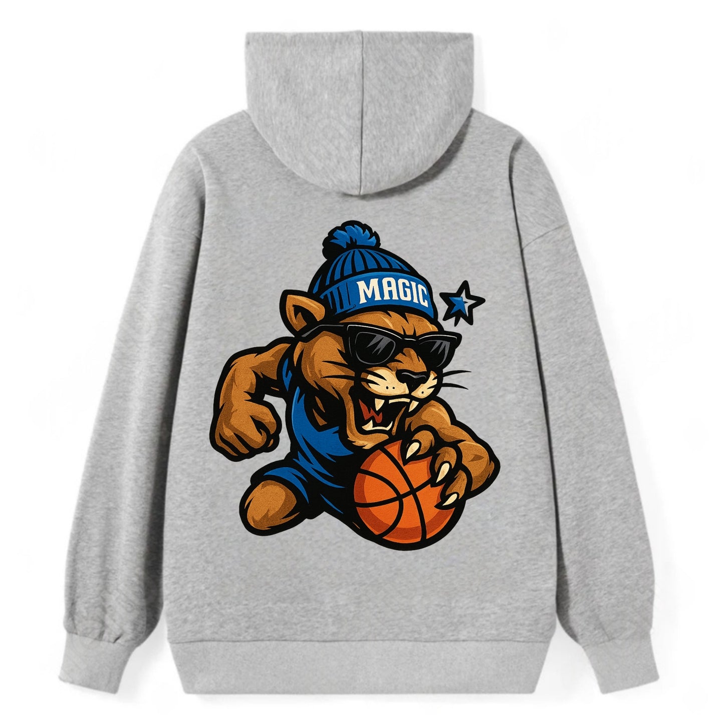 Florida Panther wearing Magic beanie with star wand patch and wayfarer - Classic Pullover Hoodie - Grey