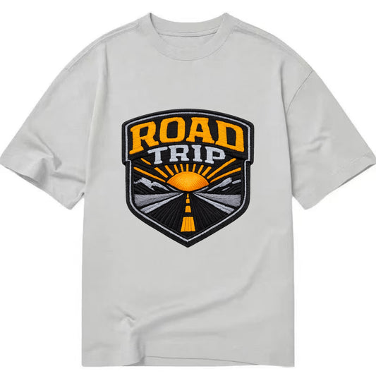 ROAD TRIP - highway and sun in orange and gray , open road - Classic T-shirt - Grey