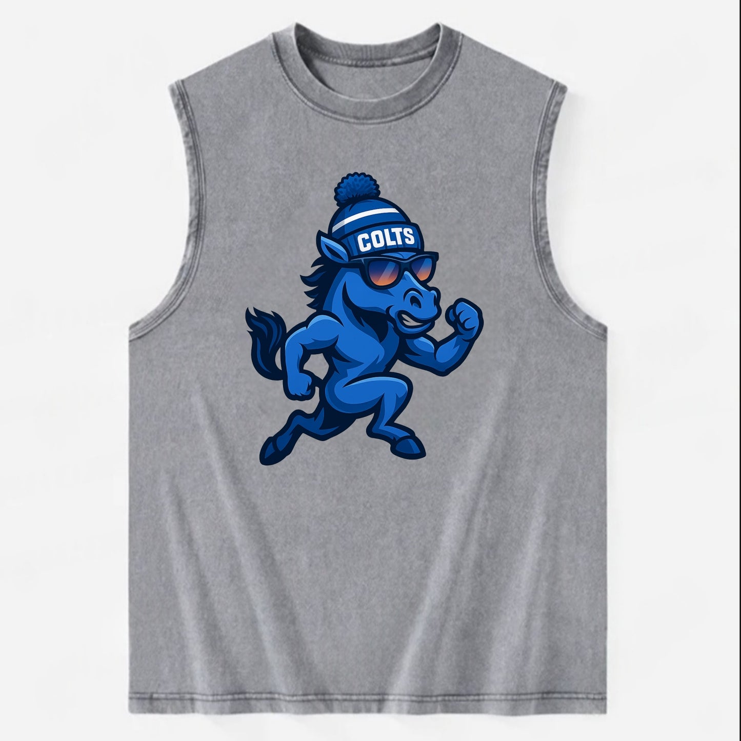 Indianapolis Colt Horse wearing Colts blue and white beanie with pom pom and - Vintage Washed Tank - Grey