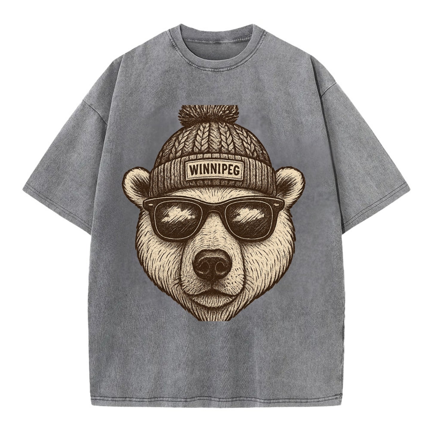 Winnipeg Polar Bear wearing Winnipeg beanie with pom pom and wayfarer sunglasses - Vintage T-shirt - Grey