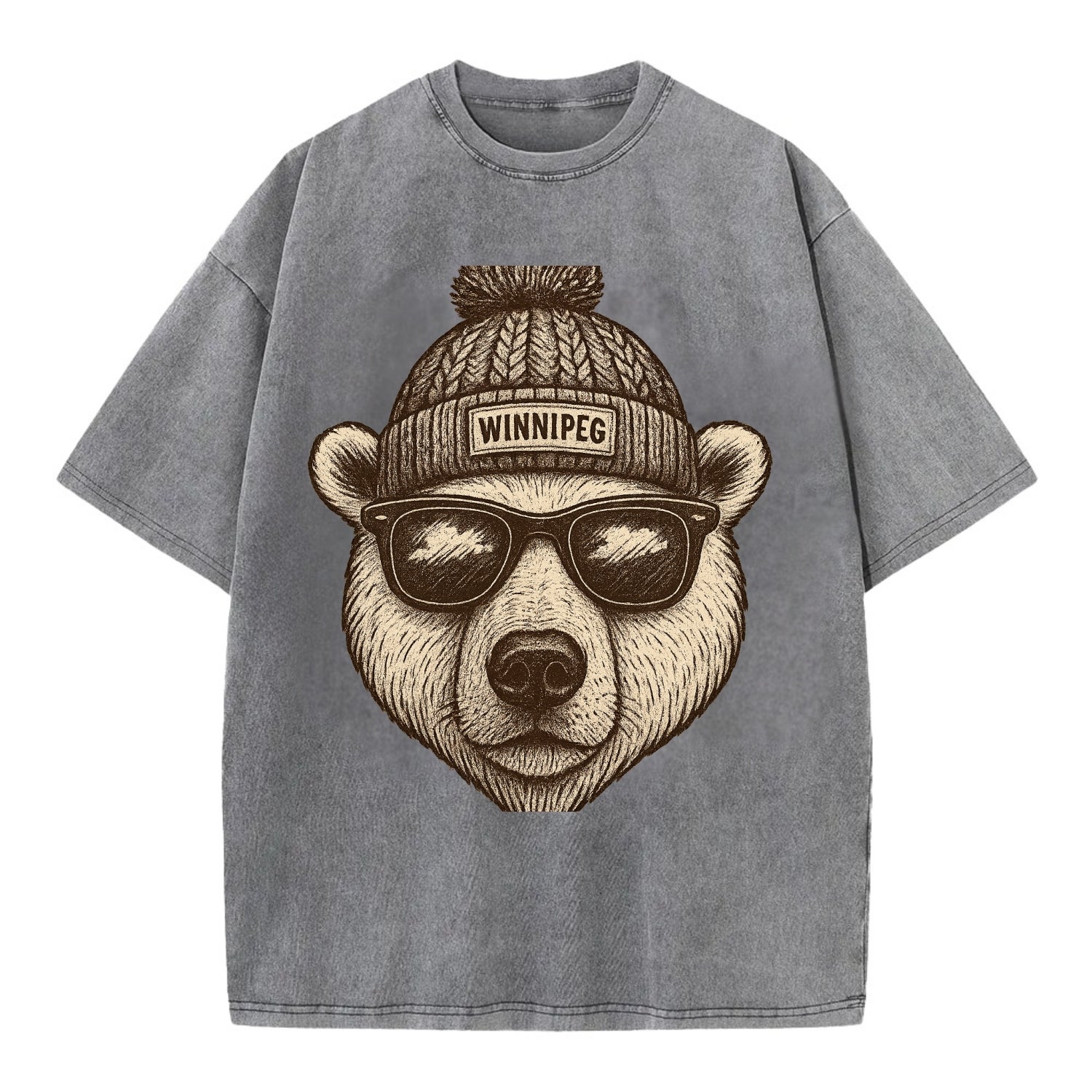 Winnipeg Polar Bear wearing Winnipeg beanie with pom pom and wayfarer sunglasses - Vintage T-shirt - Grey