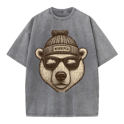 Winnipeg Polar Bear wearing Winnipeg beanie with pom pom and wayfarer sunglasses - Vintage T-shirt - Grey