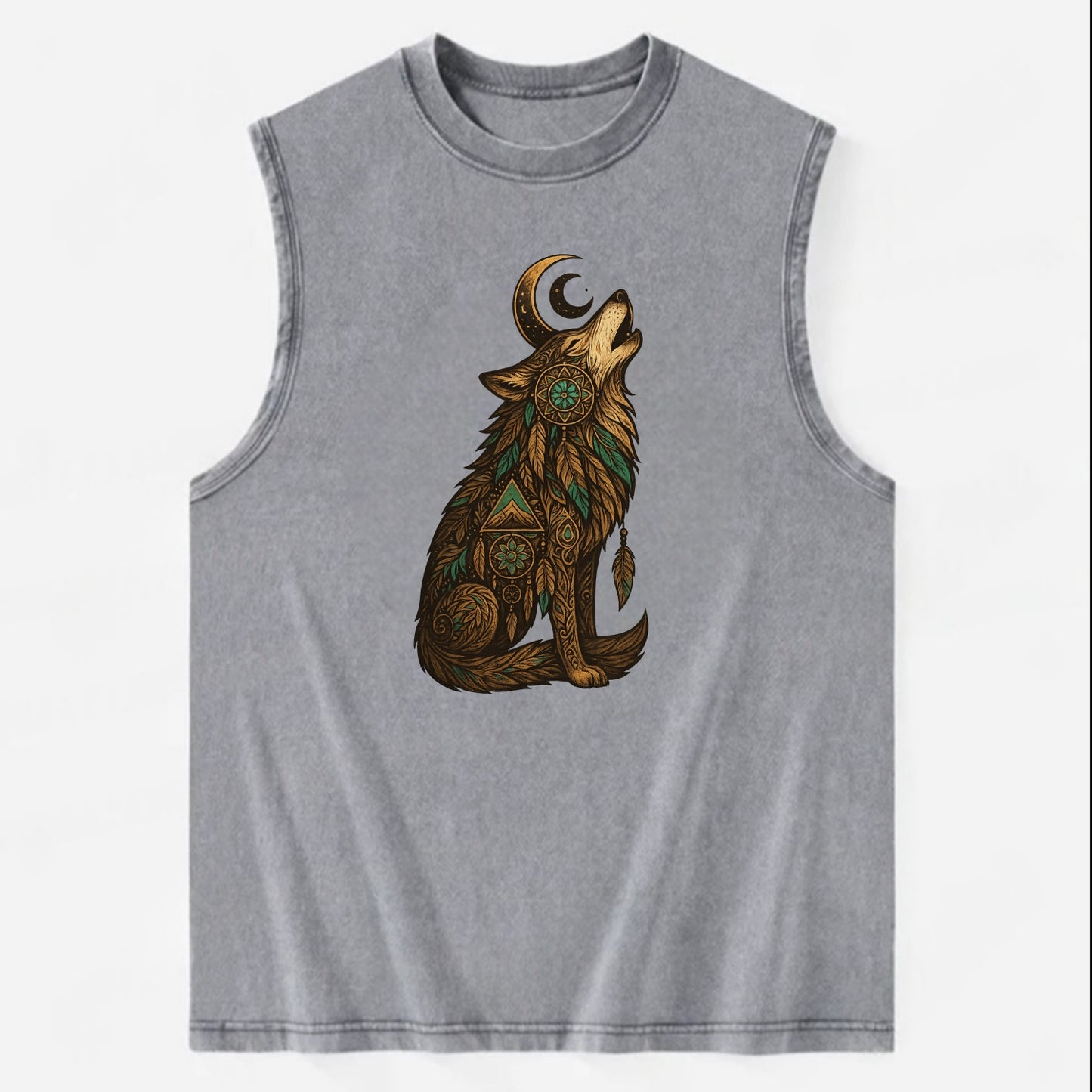 Celestial Moon Wolf  - Vintage Washed Tank - Grey