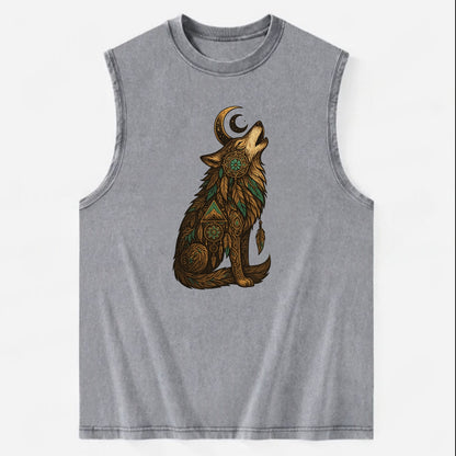Celestial Moon Wolf  - Vintage Washed Tank - Grey