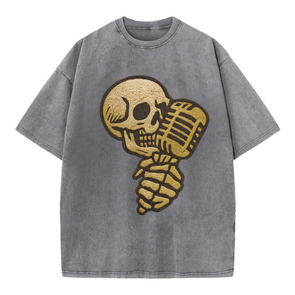 Skull Microphone  - Vintage T-shirt - Grey