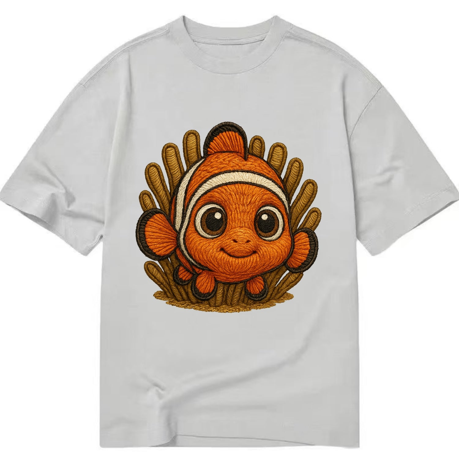 Baby Clownfish - orange with white stripes, big round eyes, front-facing in - Classic T-shirt - Grey