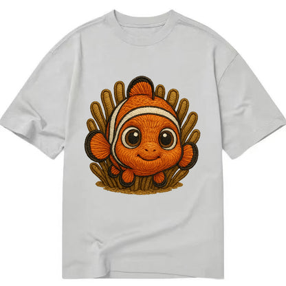 Baby Clownfish - orange with white stripes, big round eyes, front-facing in - Classic T-shirt - Grey