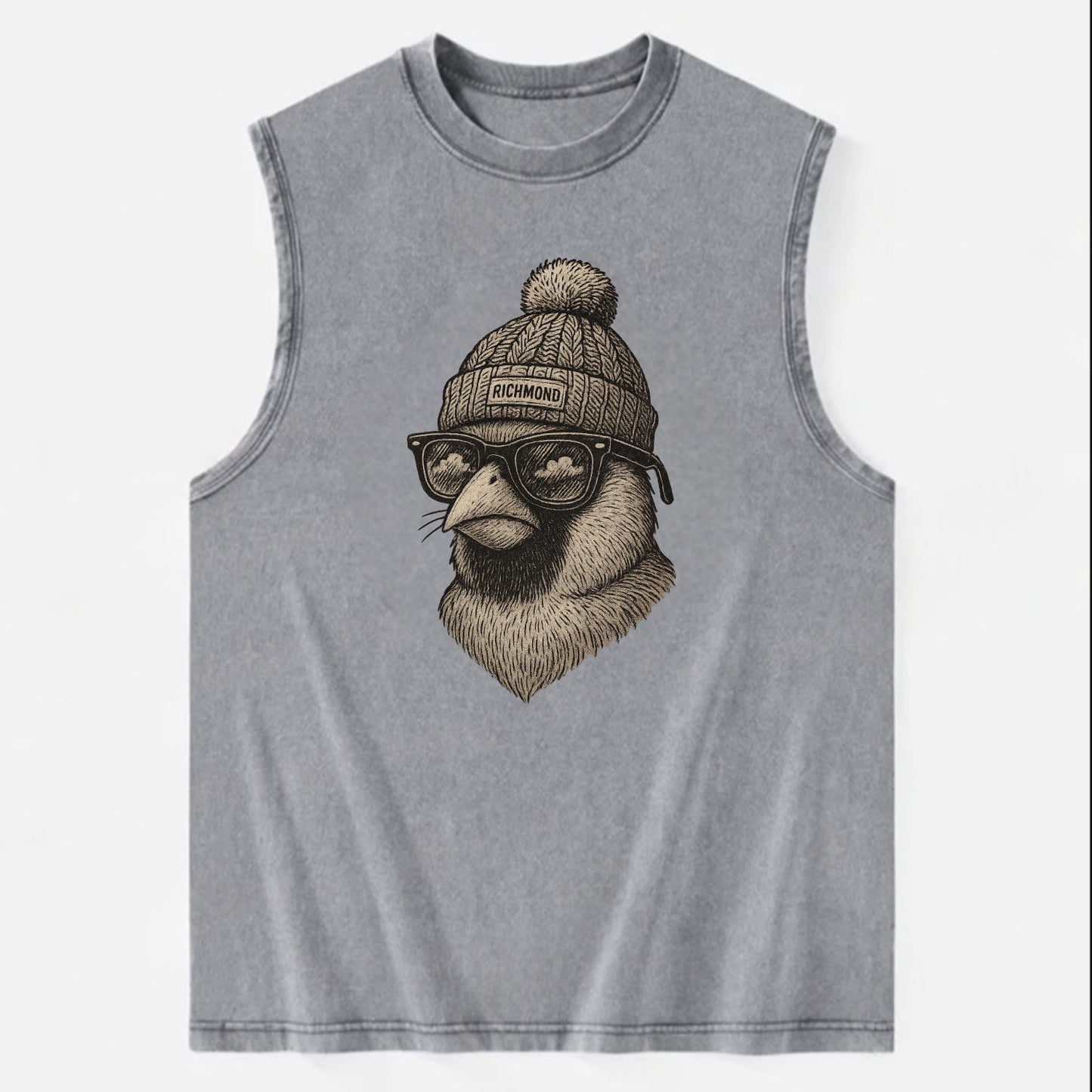 Virginia Cardinal wearing Richmond beanie with pom pom and wayfarer sunglasses - Vintage Washed Tank - Grey