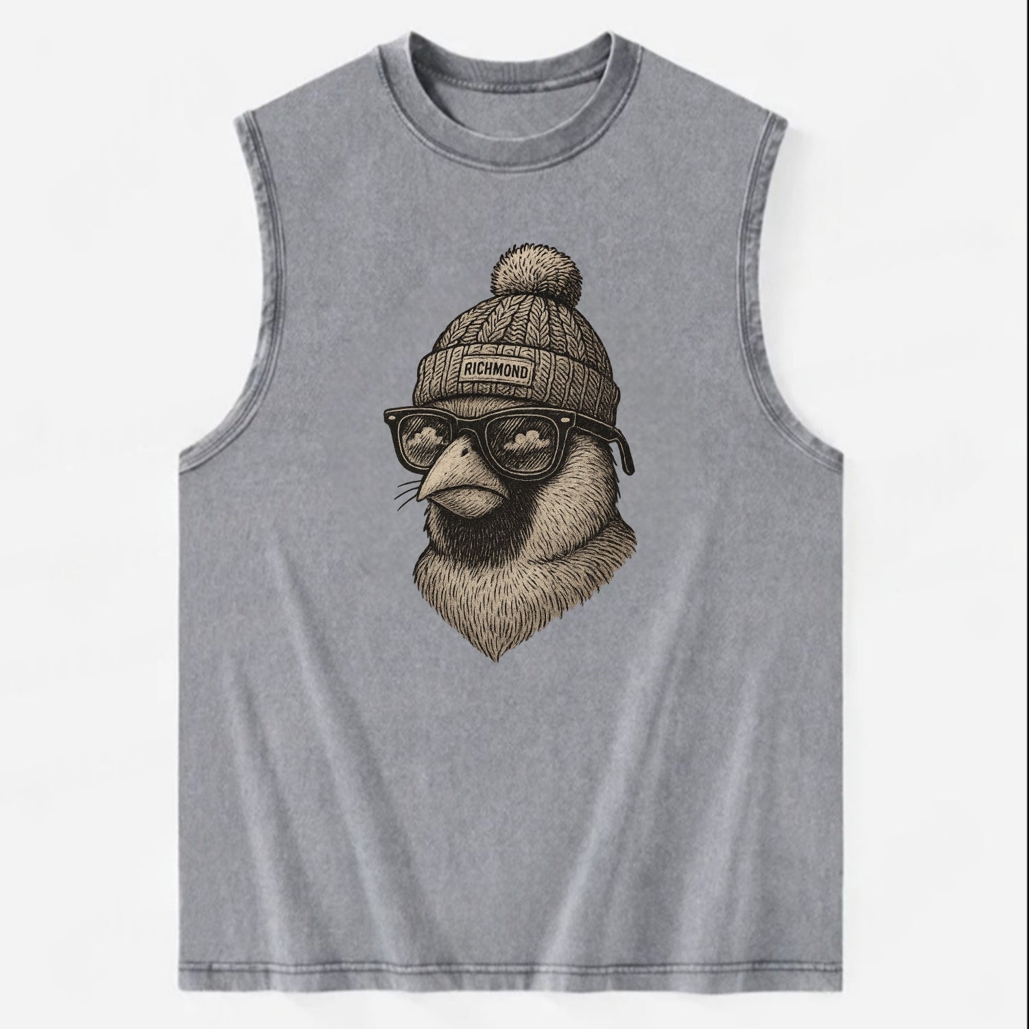 Virginia Cardinal wearing Richmond beanie with pom pom and wayfarer sunglasses - Vintage Washed Tank - Grey