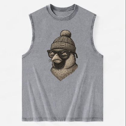 Virginia Cardinal wearing Richmond beanie with pom pom and wayfarer sunglasses - Vintage Washed Tank - Grey