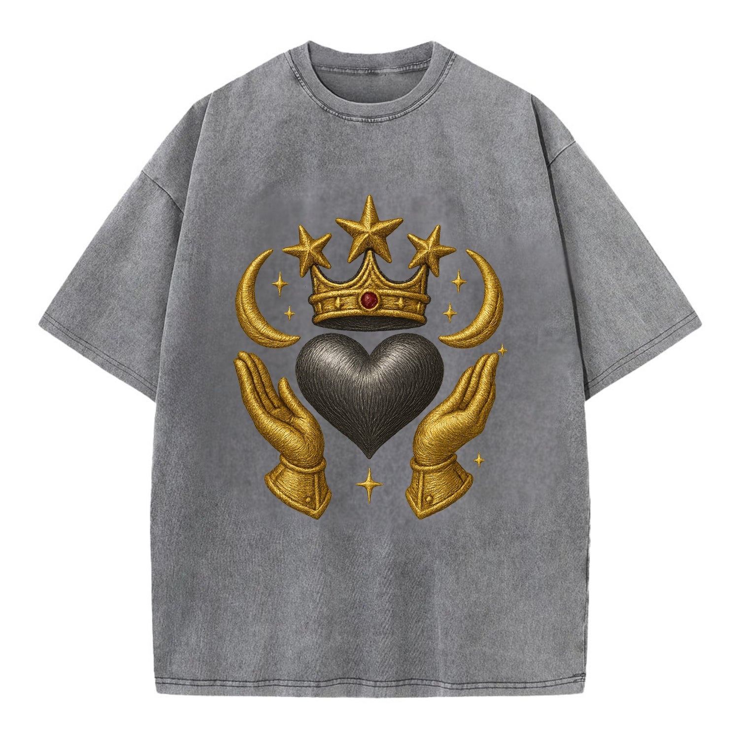 Sun goddess crown radiating golden rays over a midnight heart with henna-adorned - Vintage T-shirt - Grey