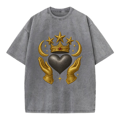 Sun goddess crown radiating golden rays over a midnight heart with henna-adorned - Vintage T-shirt - Grey