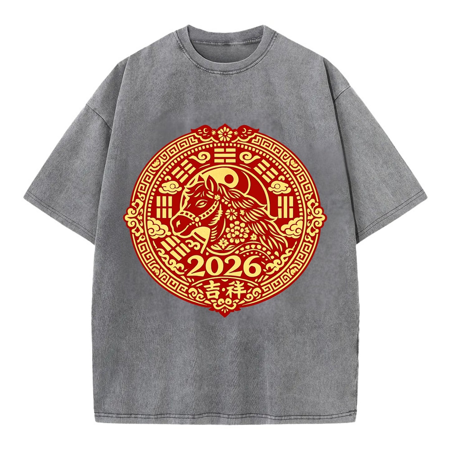 LUCKY HORSE MEDALLION | Circular medallion with horse profile | Intricate Chinese - Vintage T-shirt - Grey