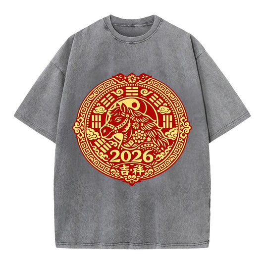 LUCKY HORSE MEDALLION | Circular medallion with horse profile | Intricate Chinese - Vintage T-shirt - Grey