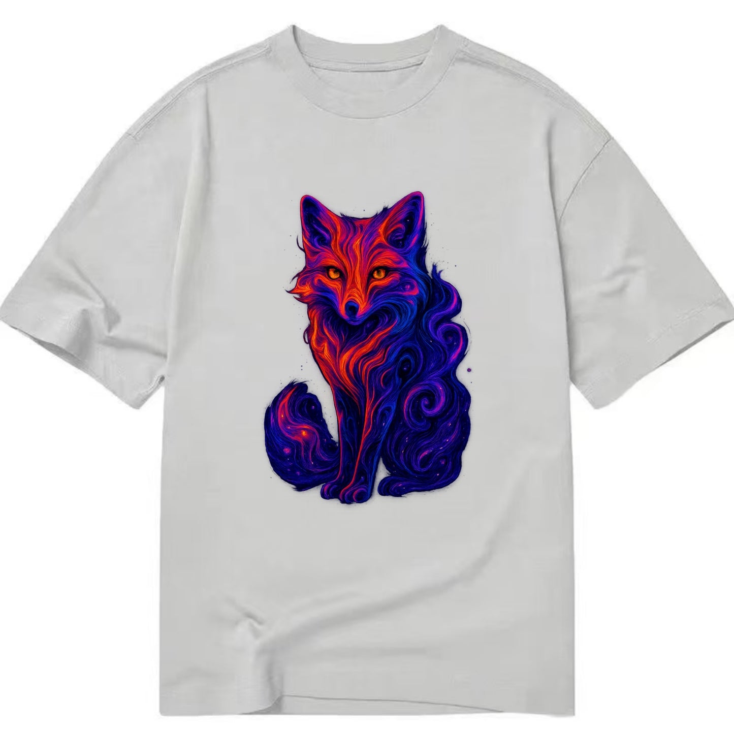 Clever fox with tail dissolving into cosmic nebula swirls, orange to purple - Classic T-shirt - Grey