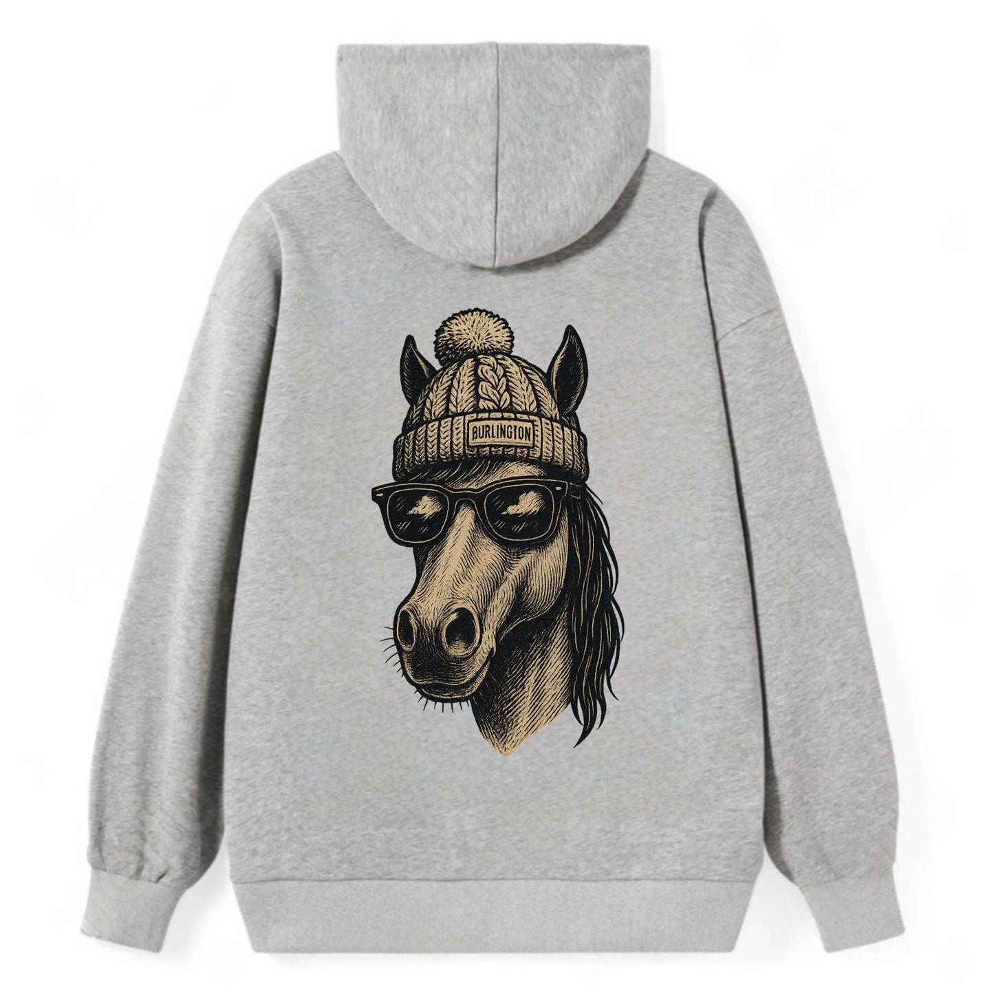 Vermont Morgan Horse wearing Burlington beanie with pom pom and wayfarer - Classic Pullover Hoodie - Grey