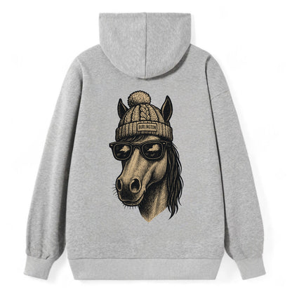 Vermont Morgan Horse wearing Burlington beanie with pom pom and wayfarer - Classic Pullover Hoodie - Grey