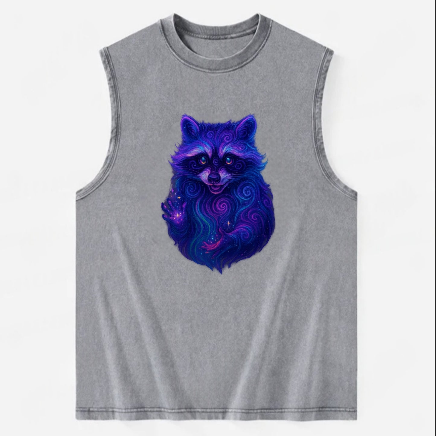 Playful raccoon with mask swirling in hypnotic patterns, neon purple and - Vintage Washed Tank - Grey