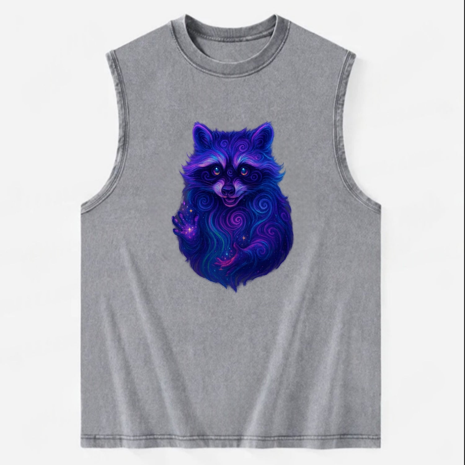 Playful raccoon with mask swirling in hypnotic patterns, neon purple and - Vintage Washed Tank - Grey