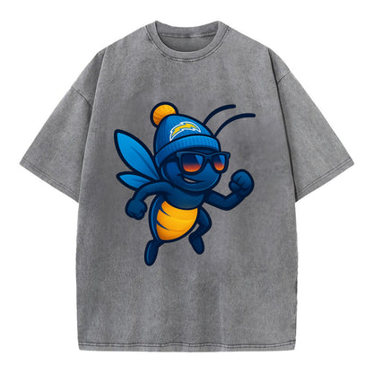 LA Lightning Bug wearing Chargers powder blue and gold beanie with pom pom and - Vintage T-shirt - Grey