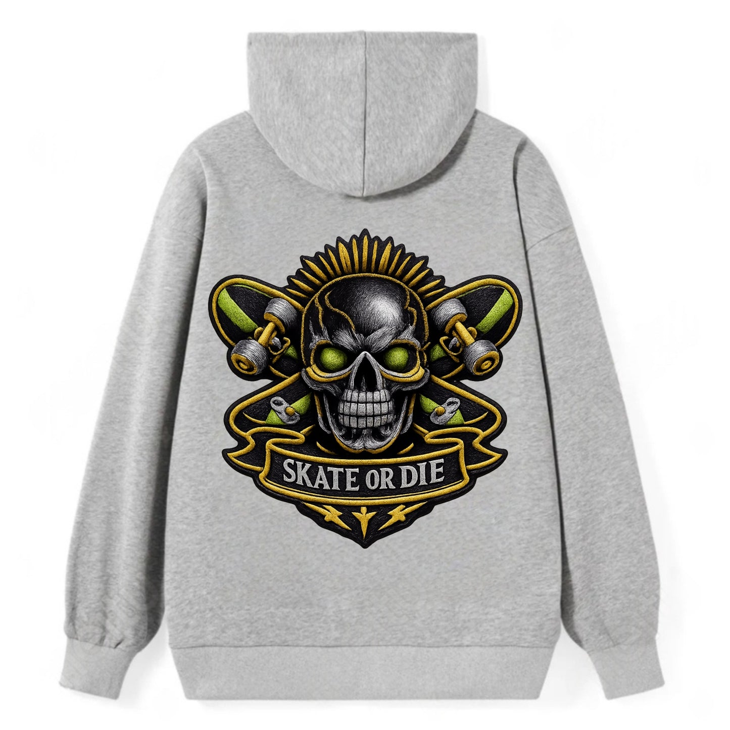 SKATEBOARD SKULL - skull with skateboard in black and neon green , - Classic Pullover Hoodie - Grey
