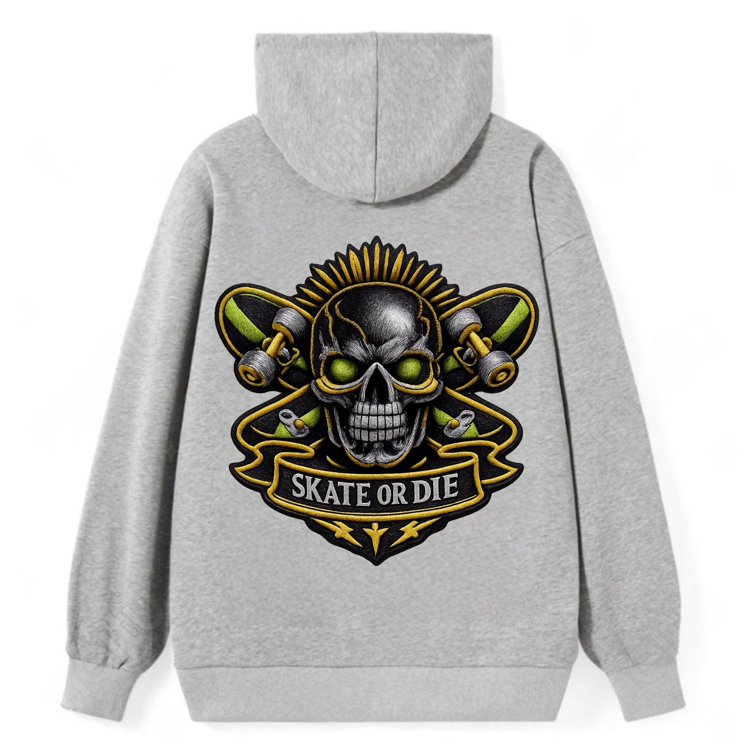 SKATEBOARD SKULL - skull with skateboard in black and neon green , - Classic Pullover Hoodie - Grey