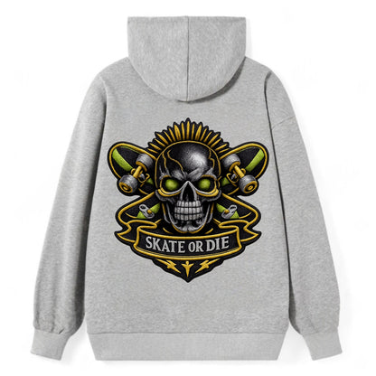 SKATEBOARD SKULL - skull with skateboard in black and neon green , - Classic Pullover Hoodie - Grey