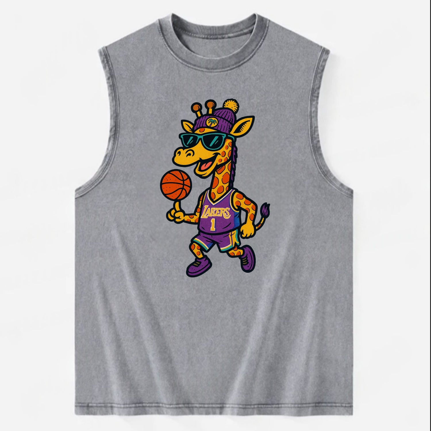 California Giraffe wearing Lakers beanie with palm tree patch and wayfarer - Vintage Washed Tank - Grey