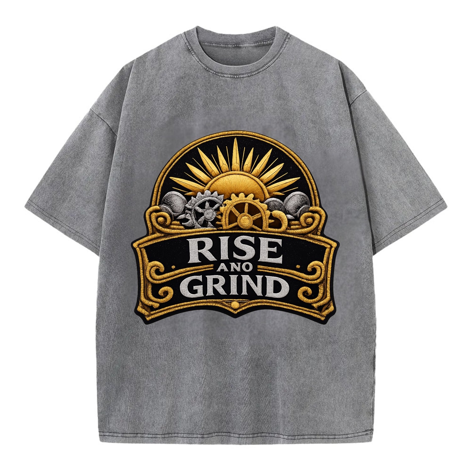 RISE AND GRIND - sun with gears in gold , morning motivation - Vintage T-shirt - Grey