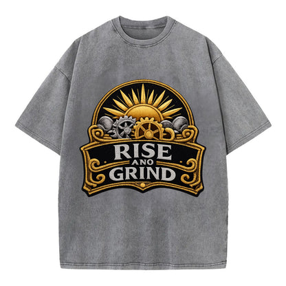 RISE AND GRIND - sun with gears in gold , morning motivation - Vintage T-shirt - Grey