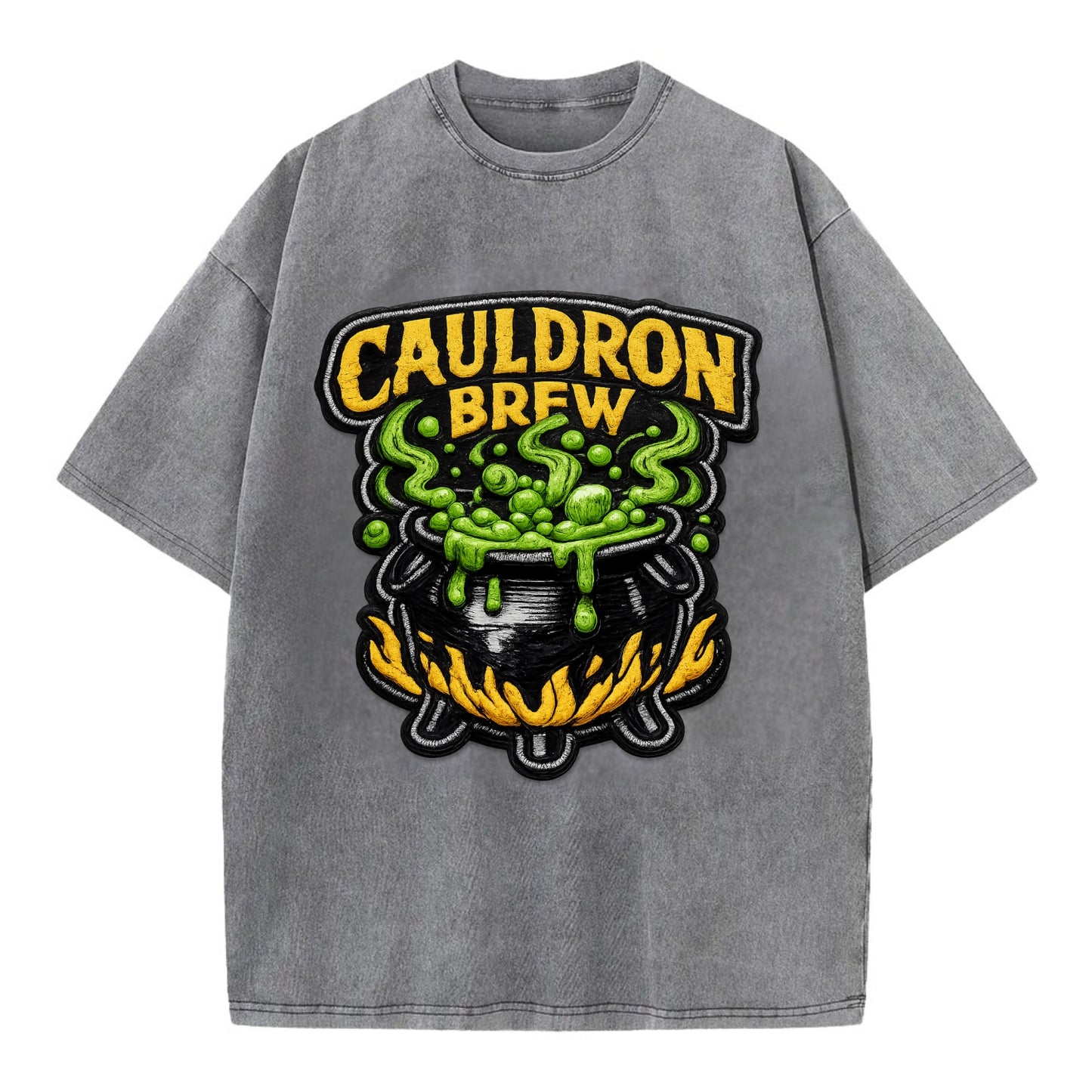 CAULDRON BREW - bubbling pot in black and green , witch craft - Vintage T-shirt - Grey