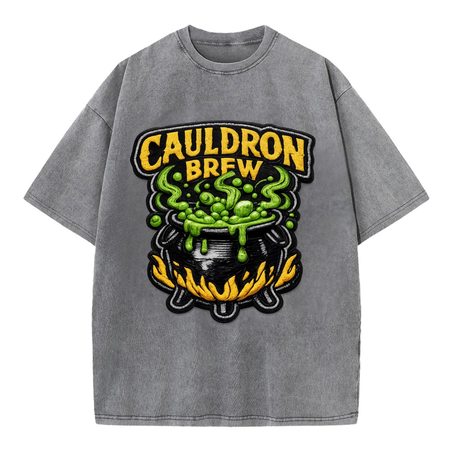 CAULDRON BREW - bubbling pot in black and green , witch craft - Vintage T-shirt - Grey