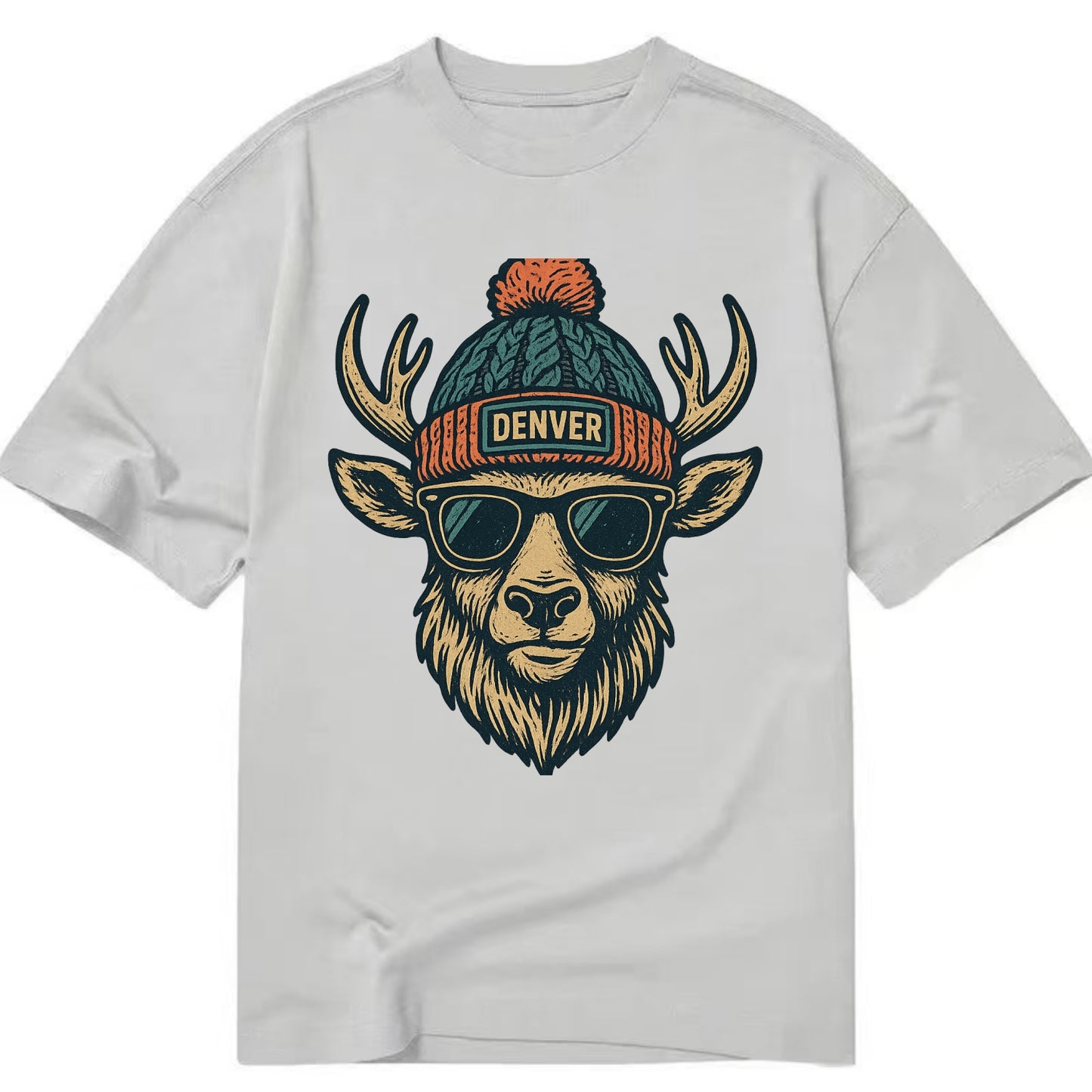 Denver Elk wearing Denver beanie with pom pom and wayfarer sunglasses - Classic T-shirt - Grey