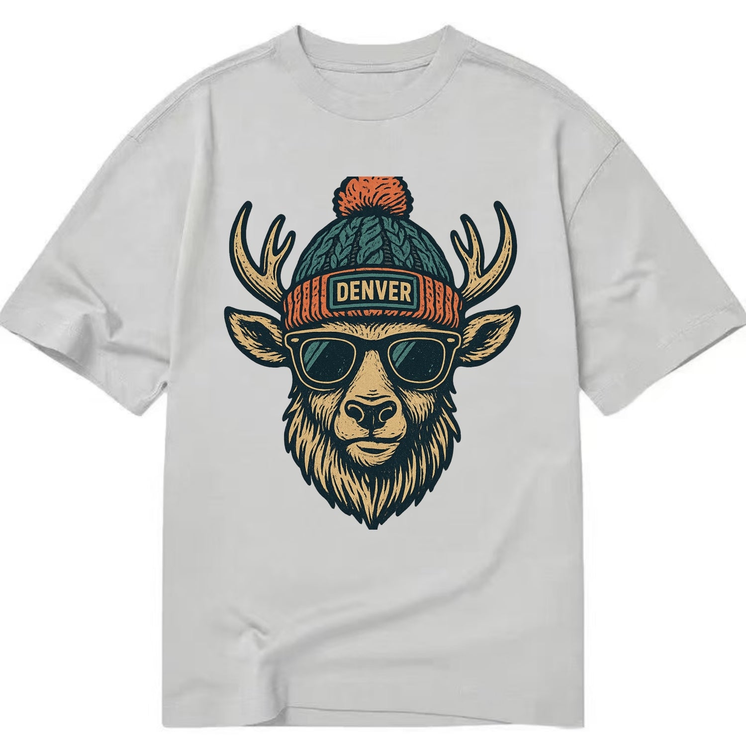 Denver Elk wearing Denver beanie with pom pom and wayfarer sunglasses - Classic T-shirt - Grey