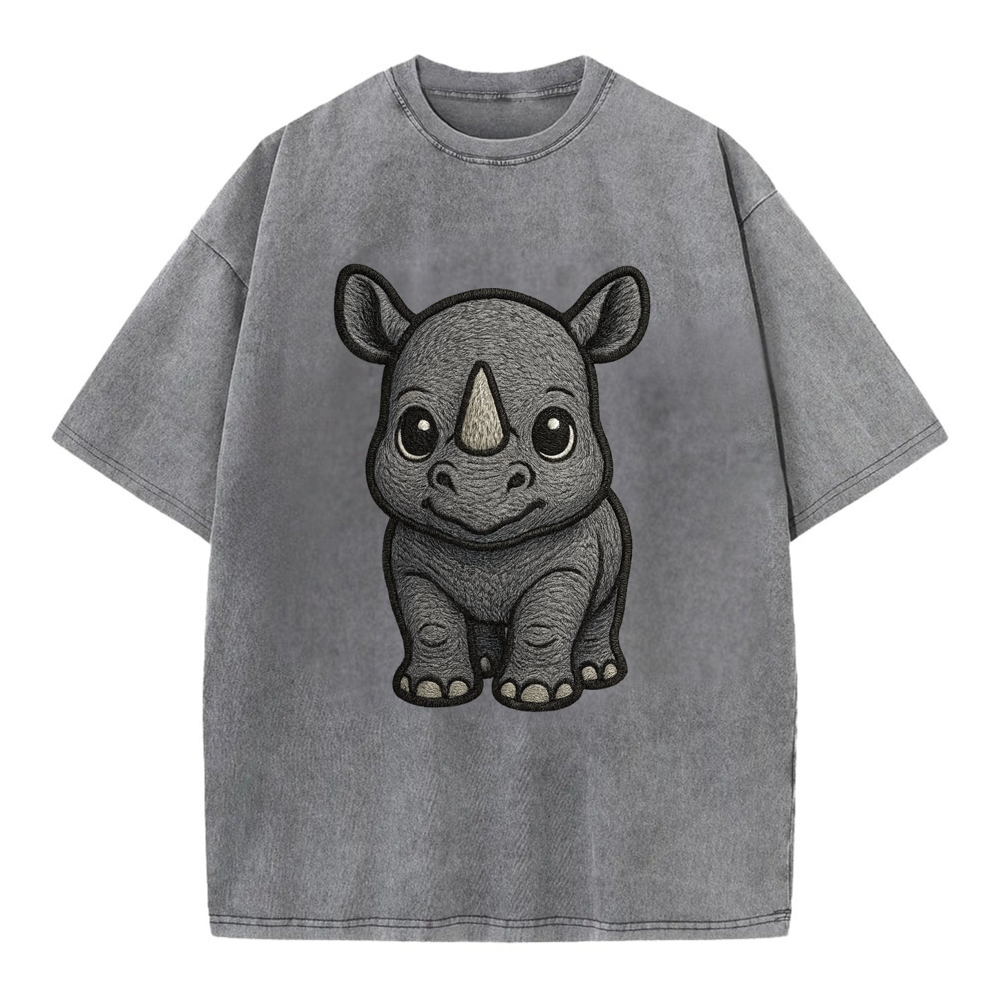 Baby Rhino - gray armor skin, tiny horn nub, round eyes, front-facing, tank baby - Vintage T-shirt - Grey