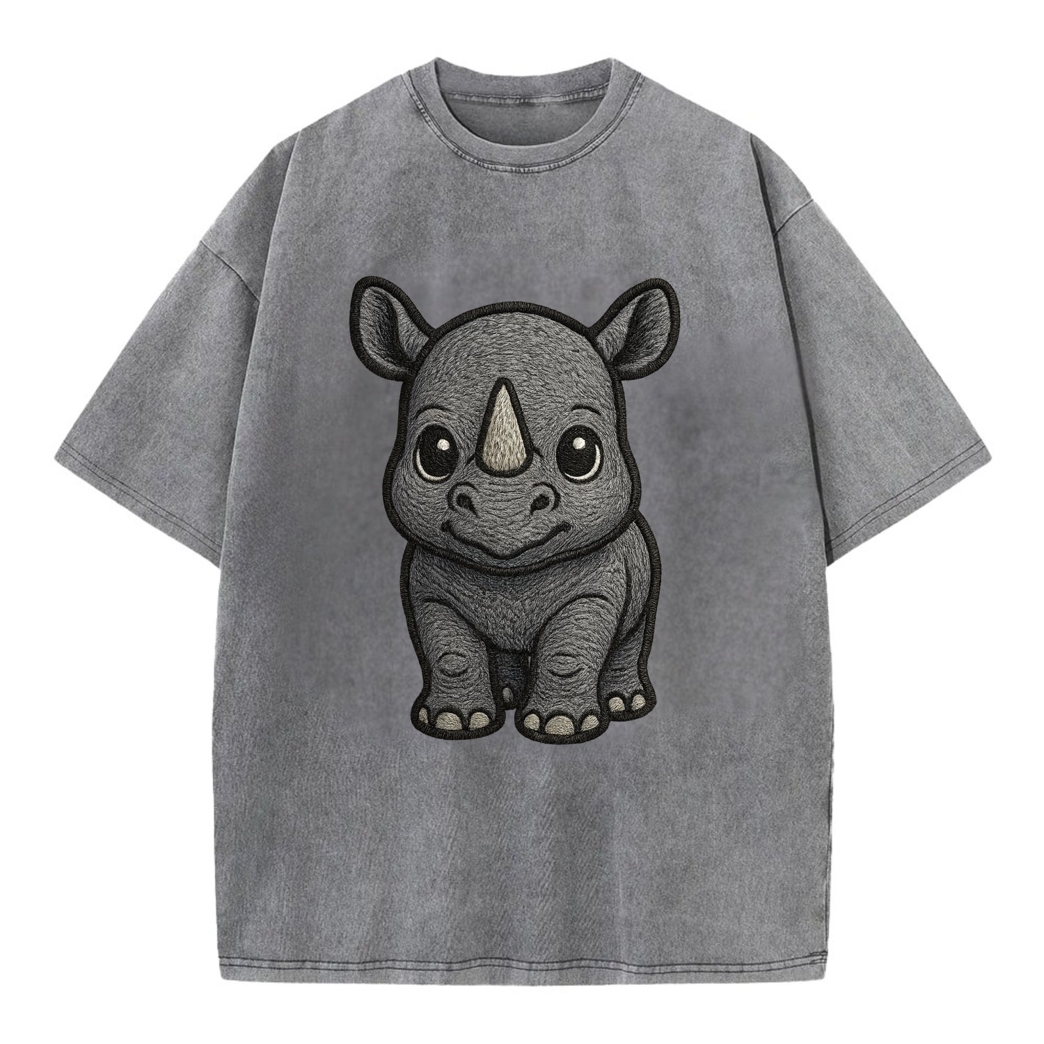 Baby Rhino - gray armor skin, tiny horn nub, round eyes, front-facing, tank baby - Vintage T-shirt - Grey