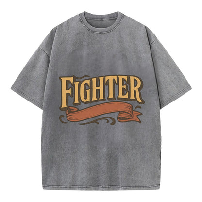Bold typography design - "FIGHTER" - never giving up, battling on - Vintage T-shirt - Grey
