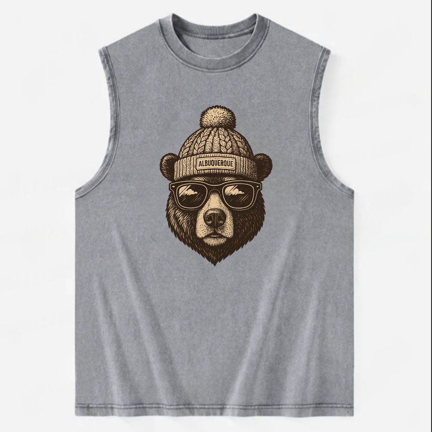 New Mexico Black Bear wearing Albuquerque beanie with pom pom and wayfarer - Vintage Washed Tank - Grey