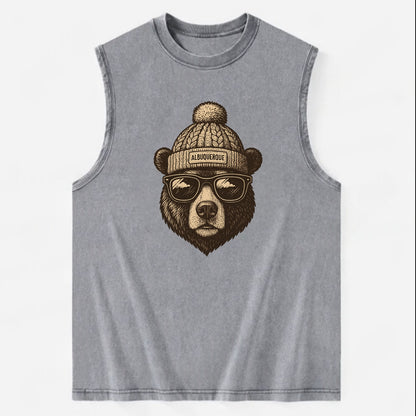 New Mexico Black Bear wearing Albuquerque beanie with pom pom and wayfarer - Vintage Washed Tank - Grey