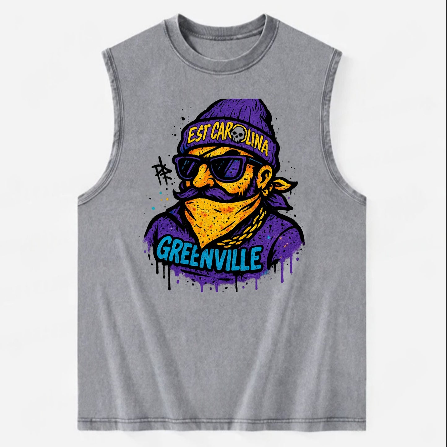 Greenville Pirate wearing East Carolina beanie with skull patch - Vintage Washed Tank - Grey